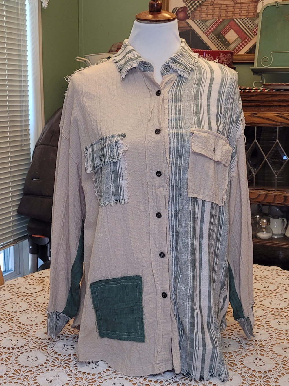 POL Women's Patchwork Button-Down Shirt - Beige and Green NWOT